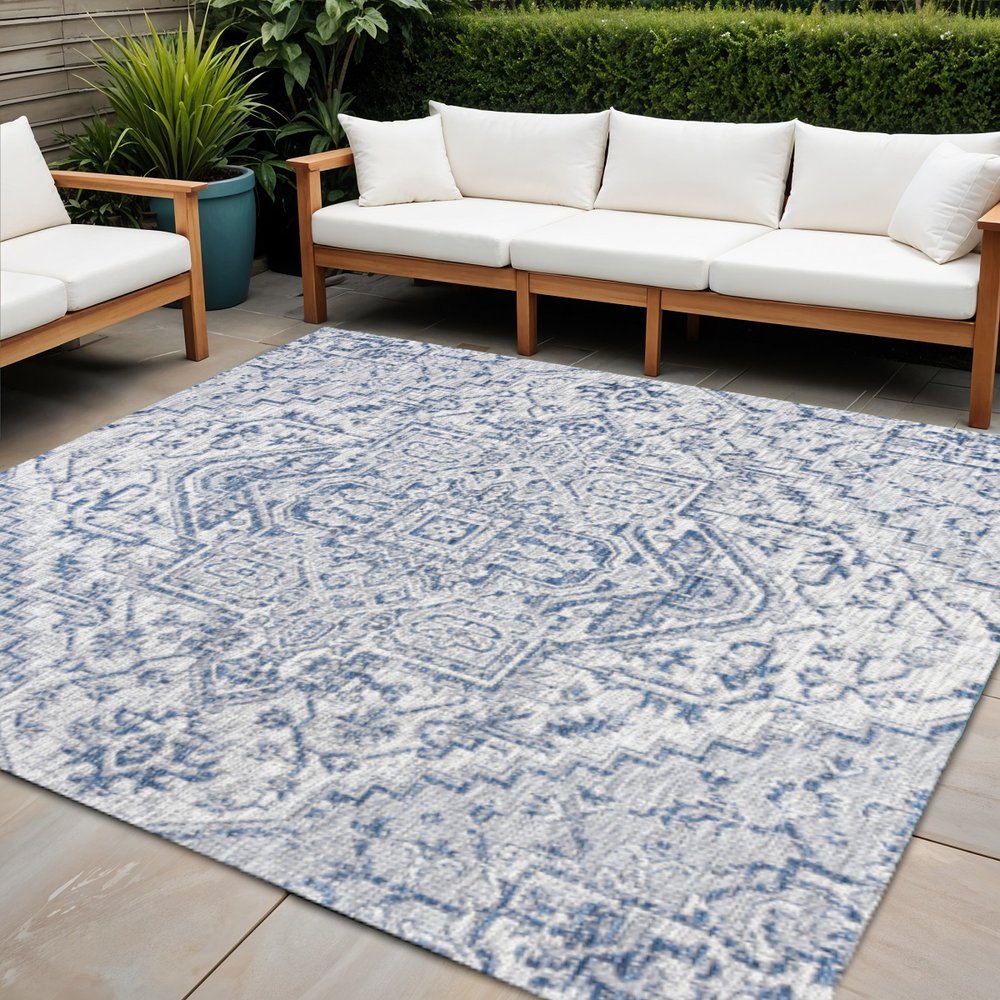 3' Navy Blue And Gray Square Medallion Indoor Outdoor Area Rug