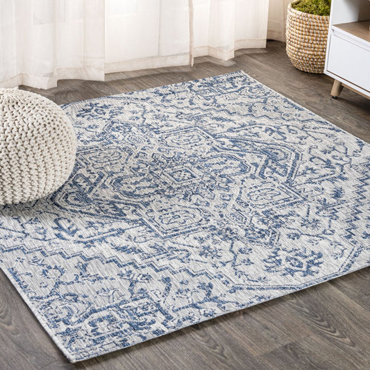 3' Navy Blue And Gray Square Medallion Indoor Outdoor Area Rug