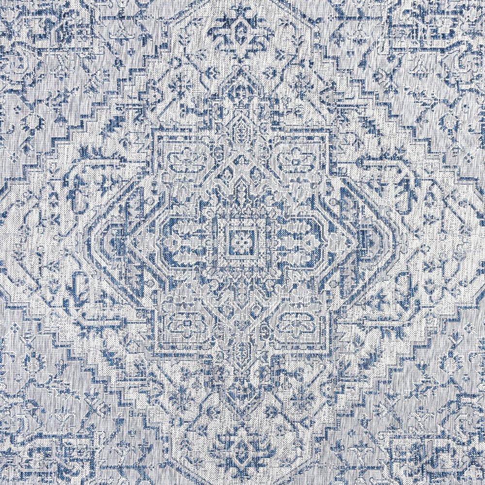 3' Navy Blue And Gray Square Medallion Indoor Outdoor Area Rug