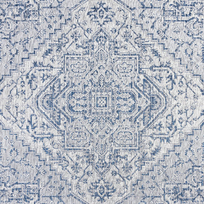 3' Navy Blue And Gray Square Medallion Indoor Outdoor Area Rug