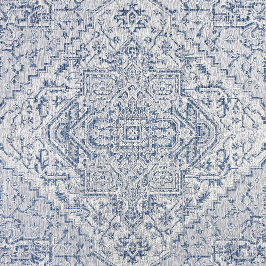 3' Navy Blue And Gray Square Medallion Indoor Outdoor Area Rug