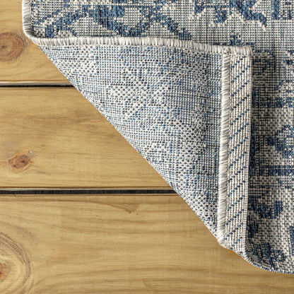 3' Navy Blue And Gray Square Medallion Indoor Outdoor Area Rug
