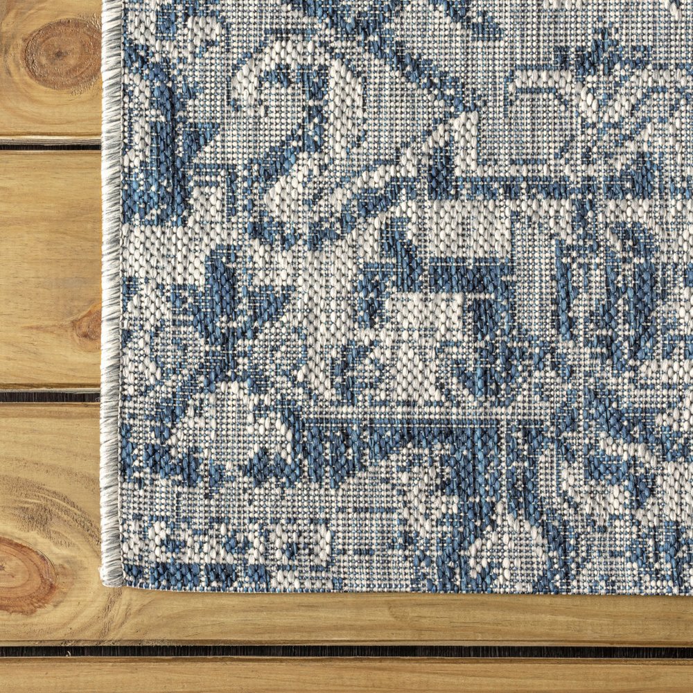 3' Navy Blue And Gray Square Medallion Indoor Outdoor Area Rug
