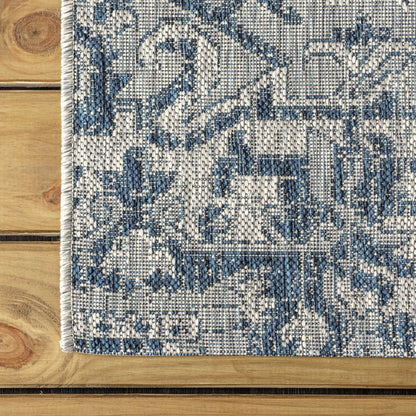 3' Navy Blue And Gray Square Medallion Indoor Outdoor Area Rug
