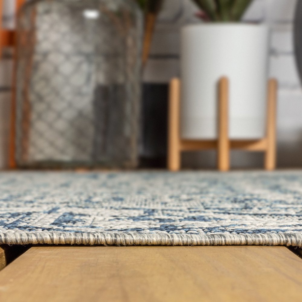 3' Navy Blue And Gray Square Medallion Indoor Outdoor Area Rug