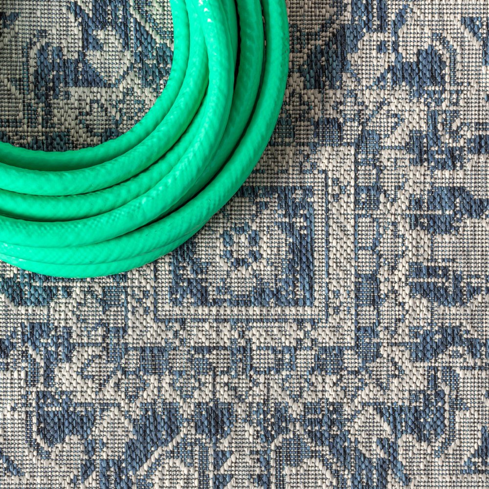3' Navy Blue And Gray Square Medallion Indoor Outdoor Area Rug