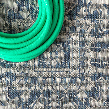 3' Navy Blue And Gray Square Medallion Indoor Outdoor Area Rug