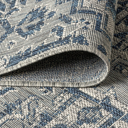 3' Navy Blue And Gray Square Medallion Indoor Outdoor Area Rug