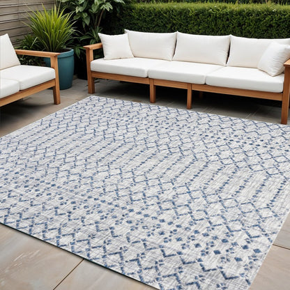 3' Light Gray And Navy Blue Square Trellis Indoor Outdoor Area Rug