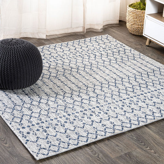 3' Light Gray And Navy Blue Square Trellis Indoor Outdoor Area Rug