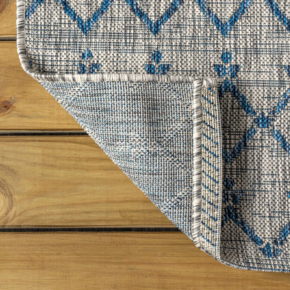 3' Light Gray And Navy Blue Square Trellis Indoor Outdoor Area Rug
