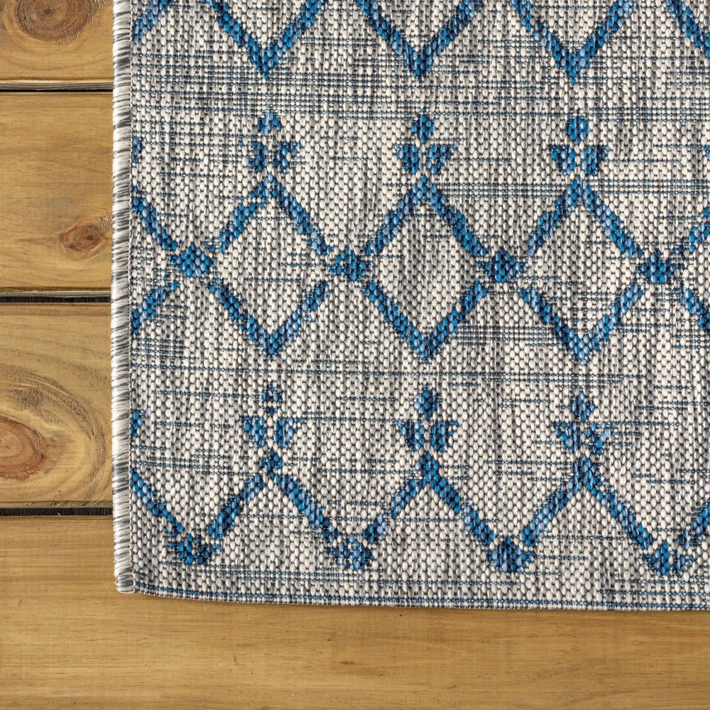 3' Light Gray And Navy Blue Square Trellis Indoor Outdoor Area Rug