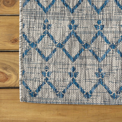 3' Light Gray And Navy Blue Square Trellis Indoor Outdoor Area Rug
