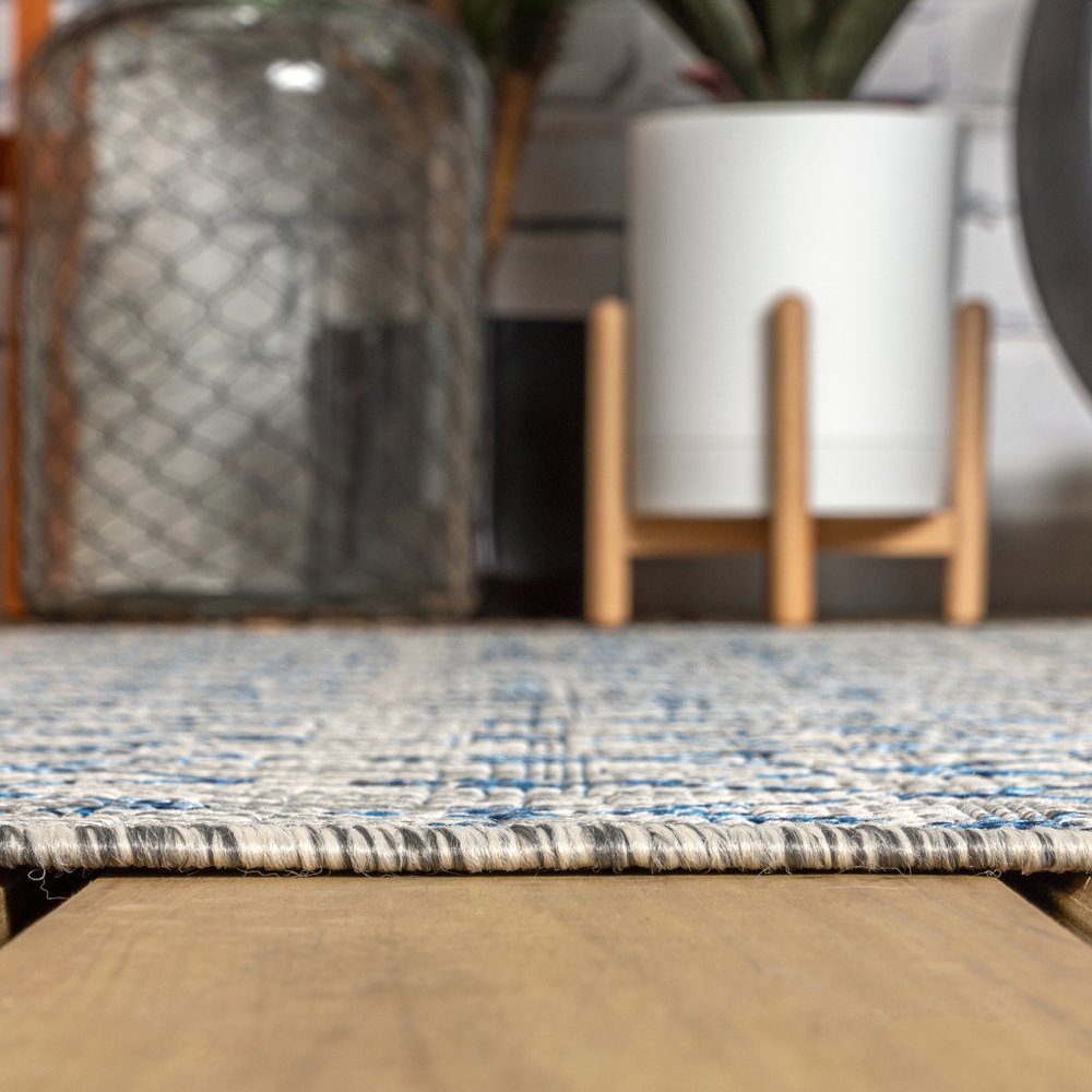 3' Light Gray And Navy Blue Square Trellis Indoor Outdoor Area Rug