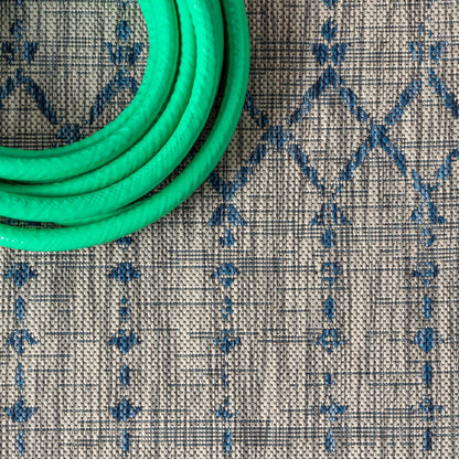 3' Light Gray And Navy Blue Square Trellis Indoor Outdoor Area Rug
