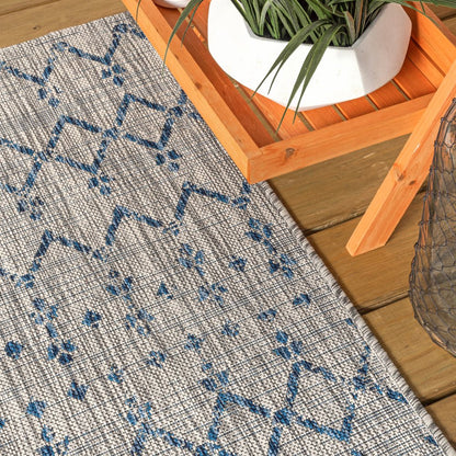 3' Light Gray And Navy Blue Square Trellis Indoor Outdoor Area Rug