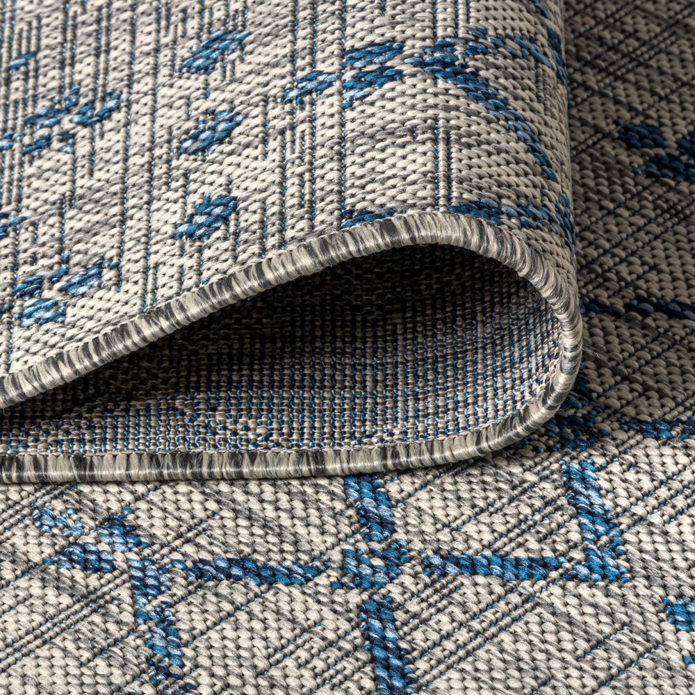 3' Light Gray And Navy Blue Square Trellis Indoor Outdoor Area Rug