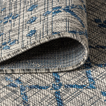3' Light Gray And Navy Blue Square Trellis Indoor Outdoor Area Rug