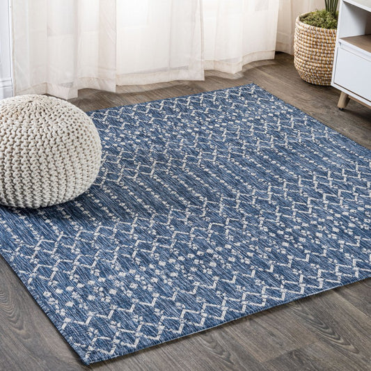 3' Navy Blue And Light Gray Square Trellis Indoor Outdoor Area Rug