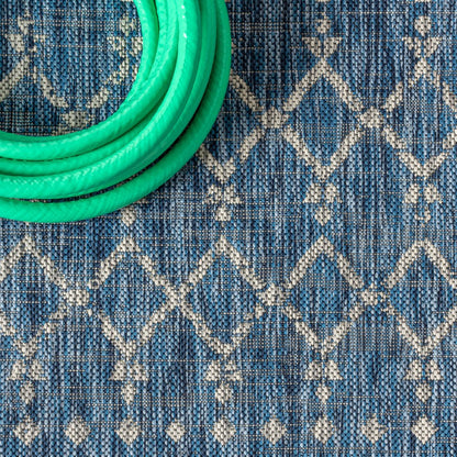 3' Navy Blue And Light Gray Square Trellis Indoor Outdoor Area Rug