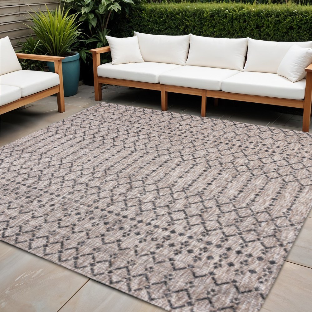 3' Natural And Black Square Trellis Indoor Outdoor Area Rug