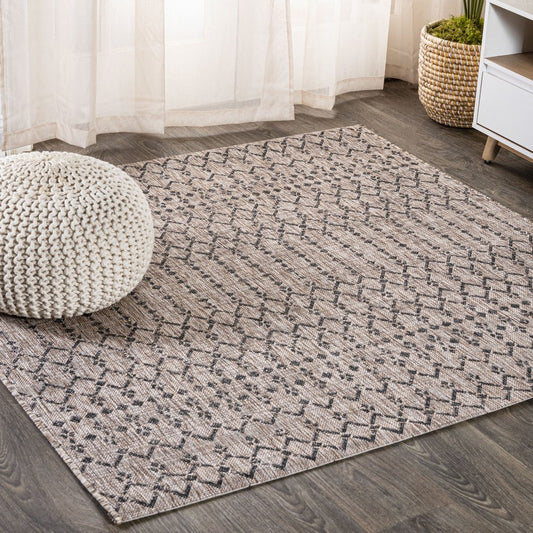 3' Natural And Black Square Trellis Indoor Outdoor Area Rug