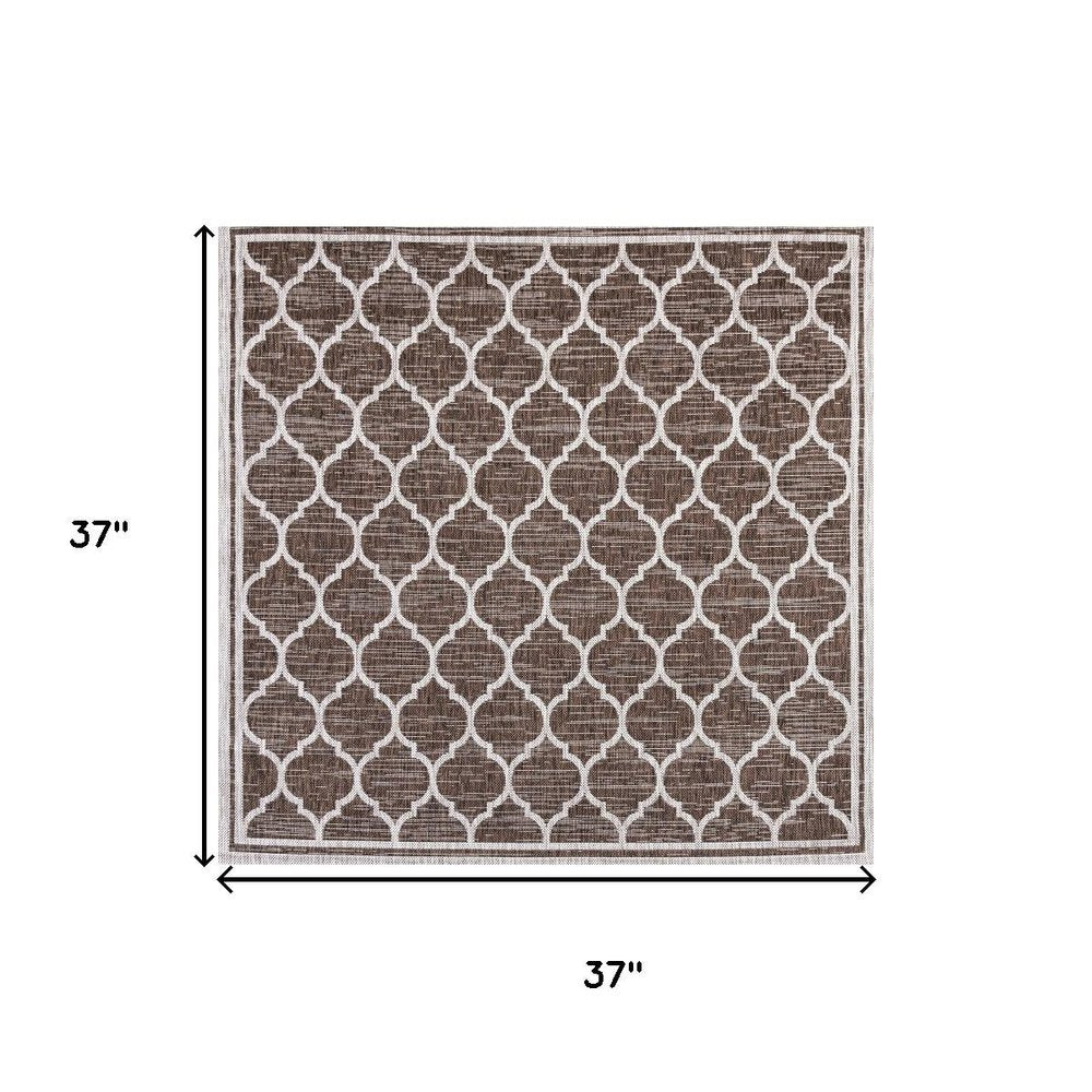 3' Espresso And Taupe Square Geometric Indoor Outdoor Area Rug