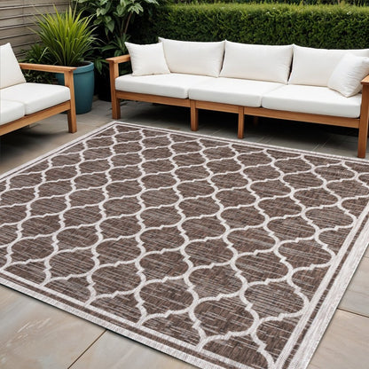 3' Espresso And Taupe Square Geometric Indoor Outdoor Area Rug
