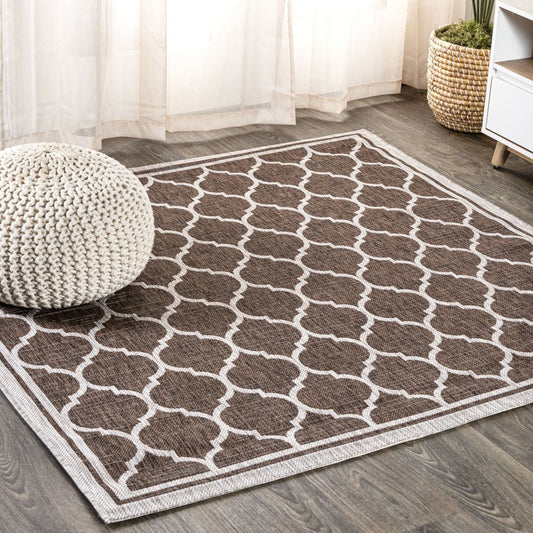 3' Espresso And Taupe Square Geometric Indoor Outdoor Area Rug