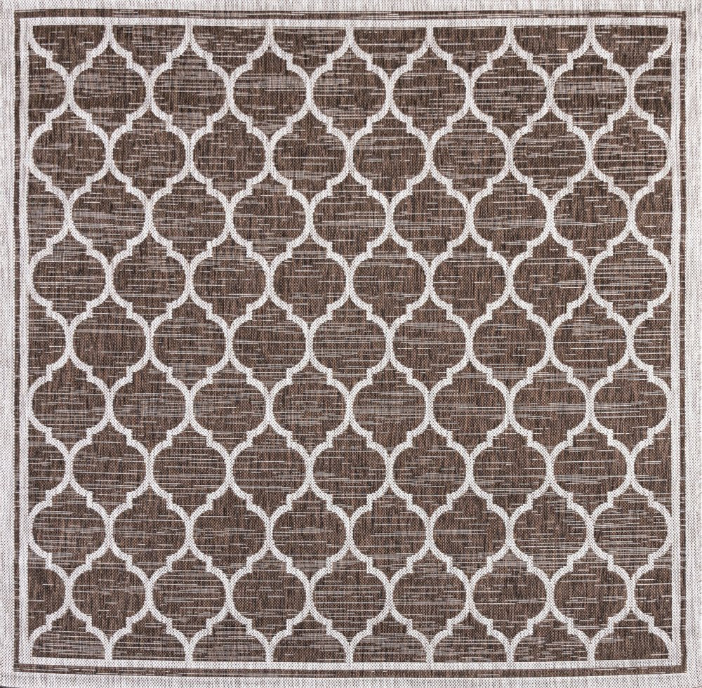 3' Espresso And Taupe Square Geometric Indoor Outdoor Area Rug