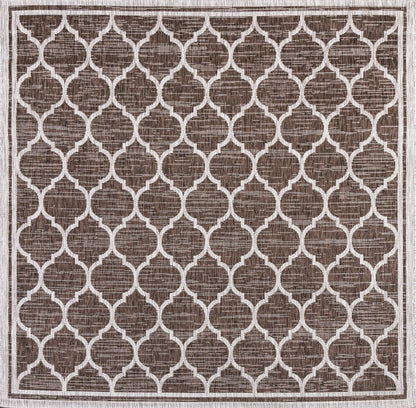 3' Espresso And Taupe Square Geometric Indoor Outdoor Area Rug