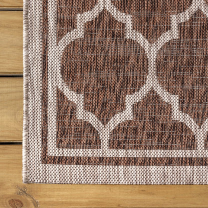 3' Espresso And Taupe Square Geometric Indoor Outdoor Area Rug