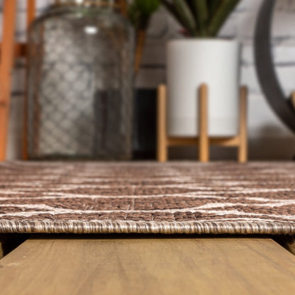 3' Espresso And Taupe Square Geometric Indoor Outdoor Area Rug