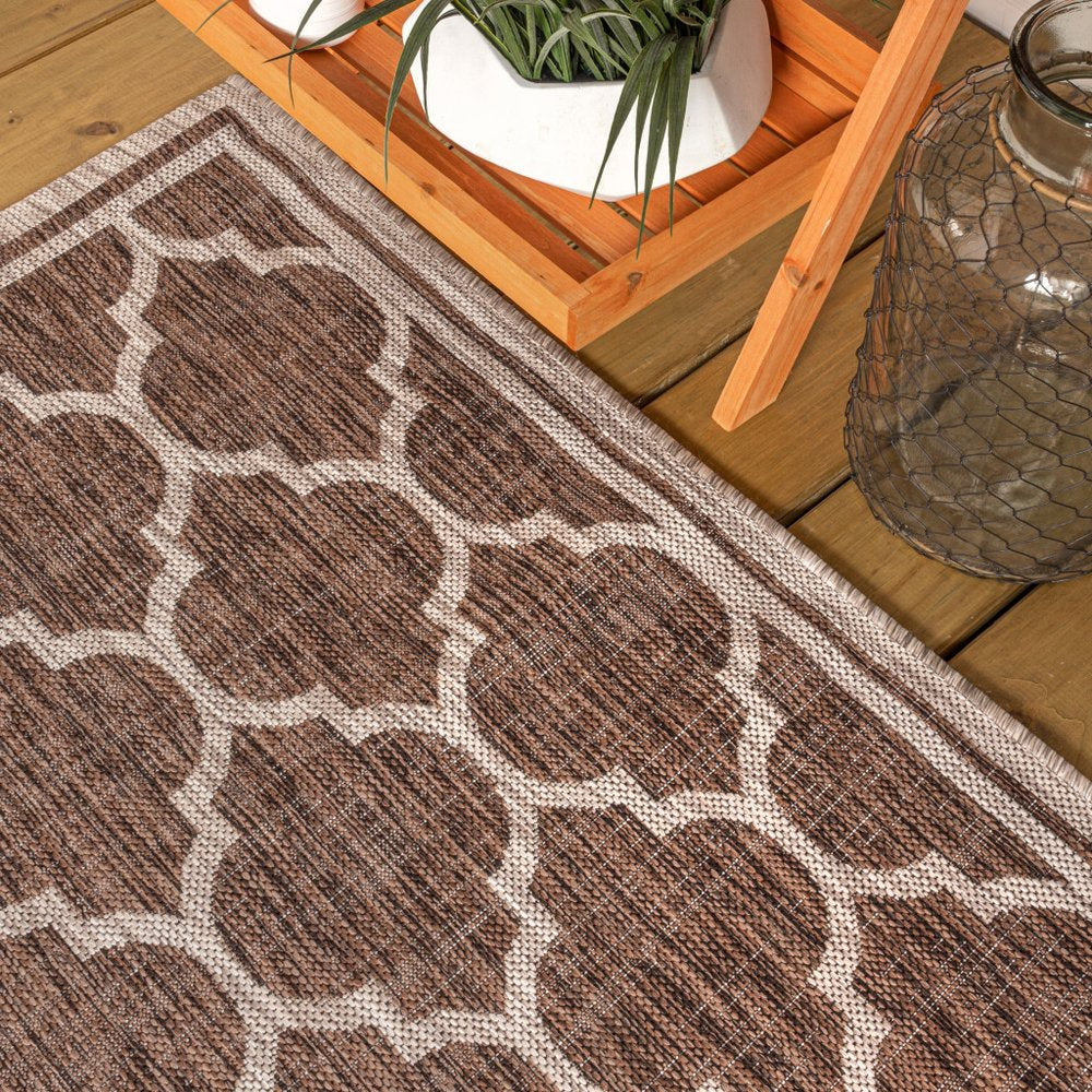 3' Espresso And Taupe Square Geometric Indoor Outdoor Area Rug