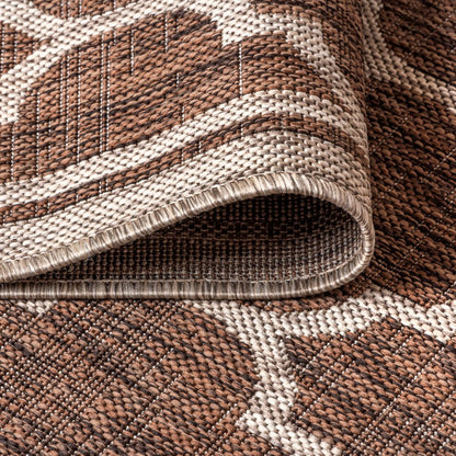 3' Espresso And Taupe Square Geometric Indoor Outdoor Area Rug