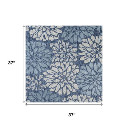 3' Navy Blue And Aqua Square Floral Indoor Outdoor Area Rug