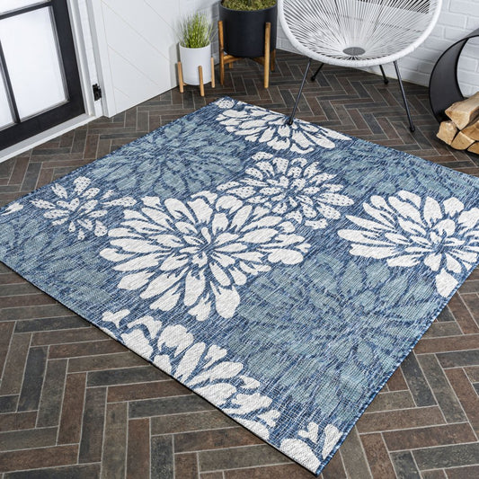 3' Navy Blue And Aqua Square Floral Indoor Outdoor Area Rug
