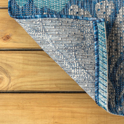 3' Navy Blue And Aqua Square Floral Indoor Outdoor Area Rug