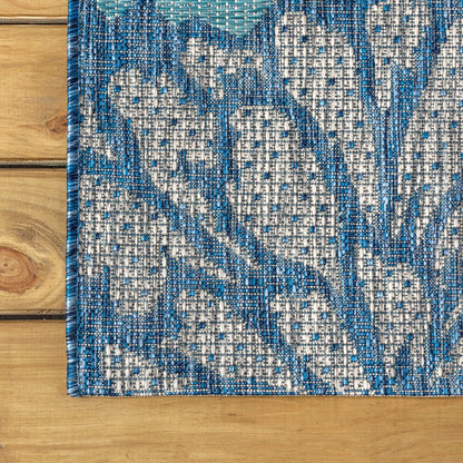 3' Navy Blue And Aqua Square Floral Indoor Outdoor Area Rug