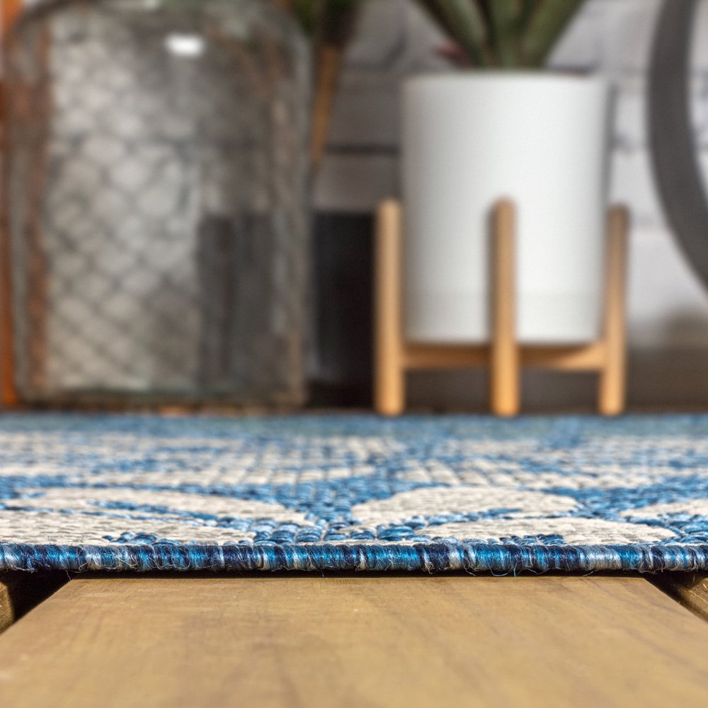 3' Navy Blue And Aqua Square Floral Indoor Outdoor Area Rug
