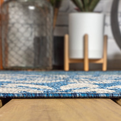 3' Navy Blue And Aqua Square Floral Indoor Outdoor Area Rug