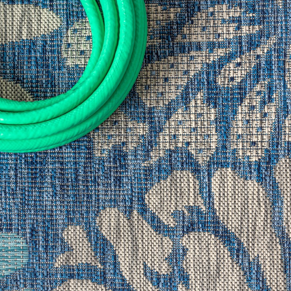 3' Navy Blue And Aqua Square Floral Indoor Outdoor Area Rug