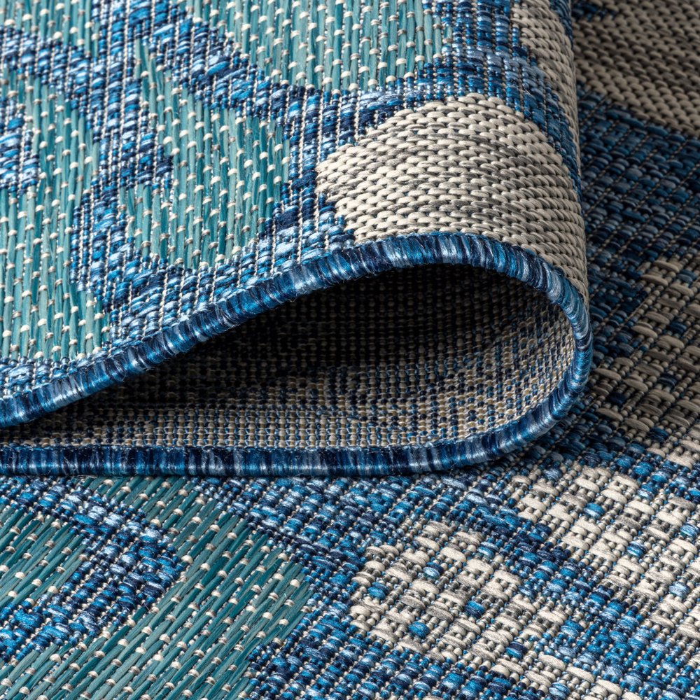 3' Navy Blue And Aqua Square Floral Indoor Outdoor Area Rug