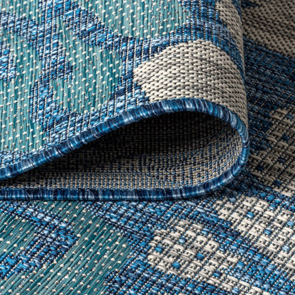 3' Navy Blue And Aqua Square Floral Indoor Outdoor Area Rug