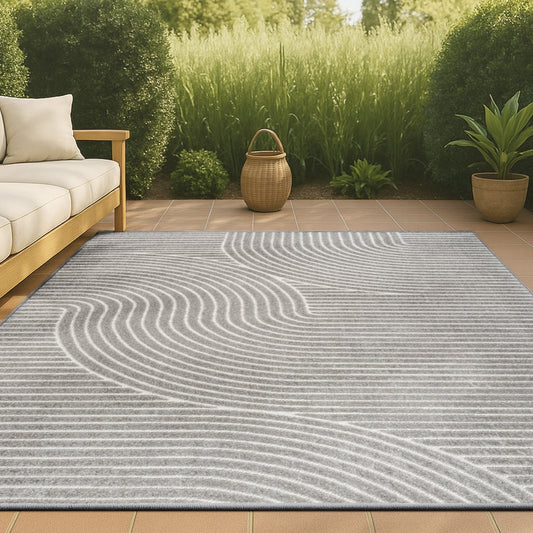 10' X 13' Gray And Ivory Striped Indoor Outdoor Area Rug