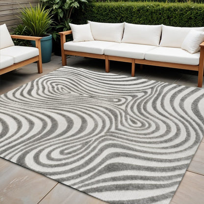 8' Gray And Ivory Square Abstract Indoor Outdoor Area Rug