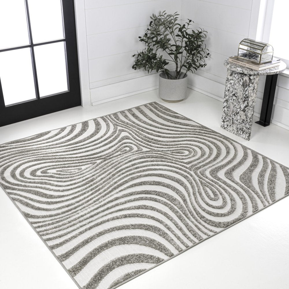 8' Gray And Ivory Square Abstract Indoor Outdoor Area Rug