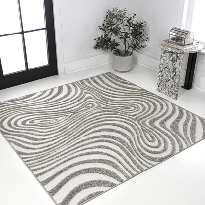 8' Gray And Ivory Square Abstract Indoor Outdoor Area Rug