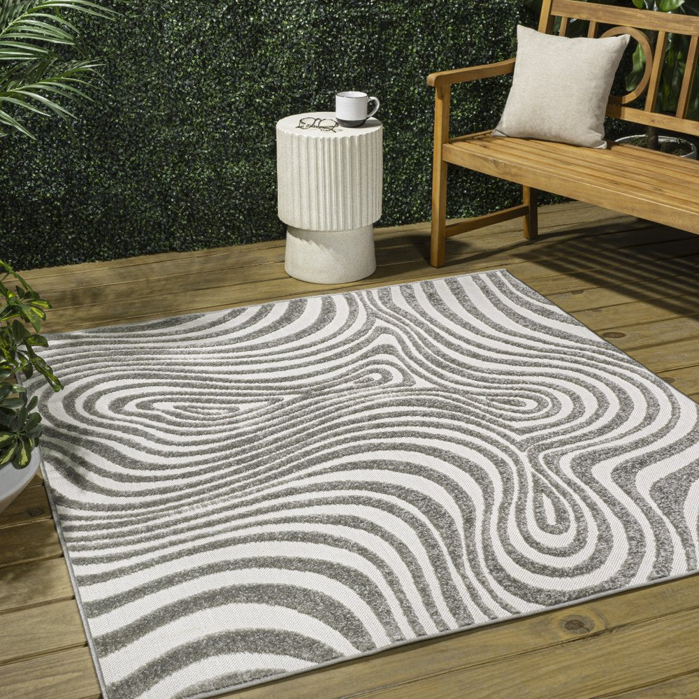 8' Gray And Ivory Square Abstract Indoor Outdoor Area Rug