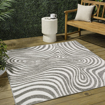 8' Gray And Ivory Square Abstract Indoor Outdoor Area Rug